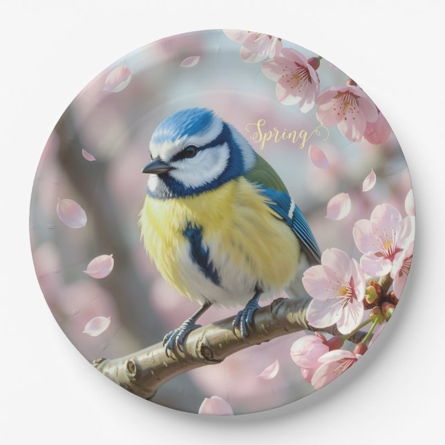 Prato De Papel Custom Spring Party Blue Tit Bird on Cherry Tree (Frente)