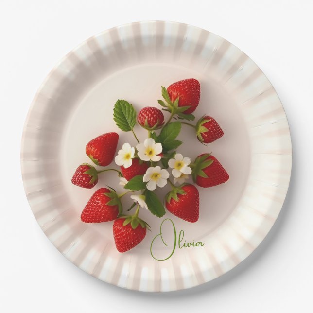 Prato De Papel Custom Strawberry Sprig Flower Foliage Name  (Frente)