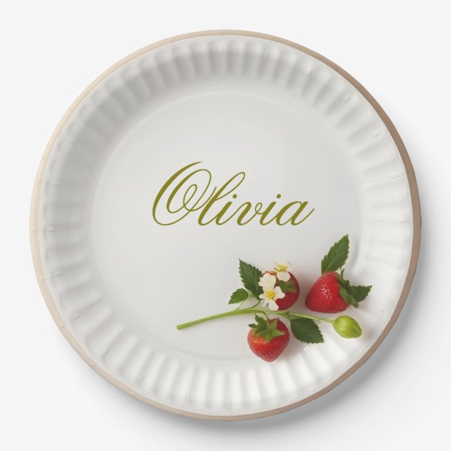 Prato De Papel Custom Strawberry Sprig Flower Foliage Name  (Frente)