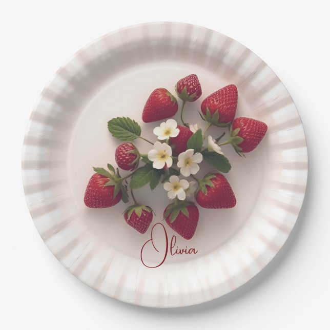 Prato De Papel Custom Strawberry Sprig Flower Foliage Name  (Frente)