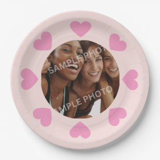 Prato De Papel Customizable Pink Heart Photo Paper Plates