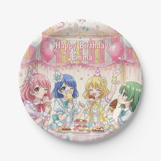Prato De Papel Cute Anime Girl's Ice Cream Birthday Party   (Frente)