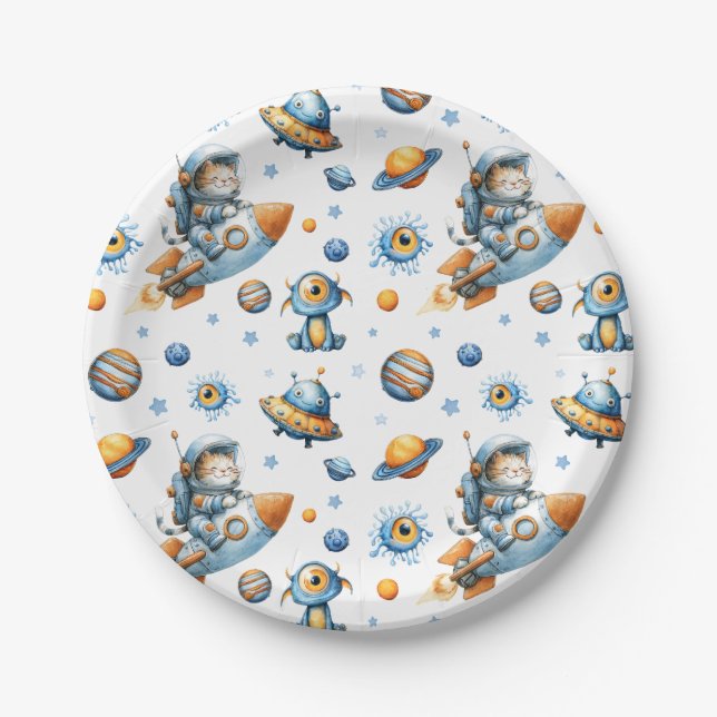 Prato De Papel Cute Astronaut Cat Outer Space Pattern Galaxy  (Frente)