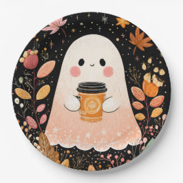 Prato De Papel Cute Autumn Ghost with Pumpkin Coffee – Cozy Fall