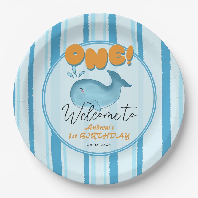 Prato De Papel Cute Baby Blue Whale 1st Birthday (Frente)