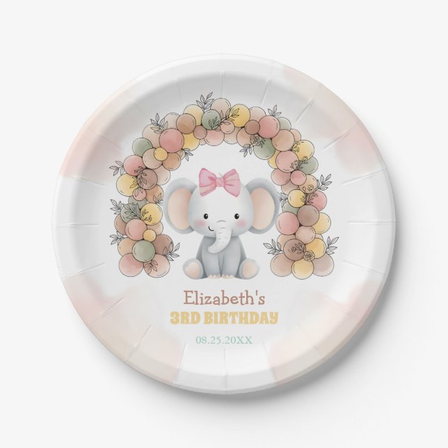Prato De Papel Cute Baby Elephant Balloon Arch Birthday  (Frente)