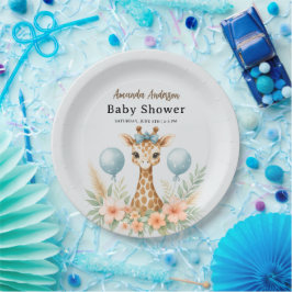Prato De Papel Cute Baby Giraffe Boy Baby Shower | Blue Safari