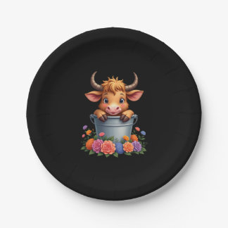 Prato De Papel Cute Baby Highland Cow With flowers Calf Animal co