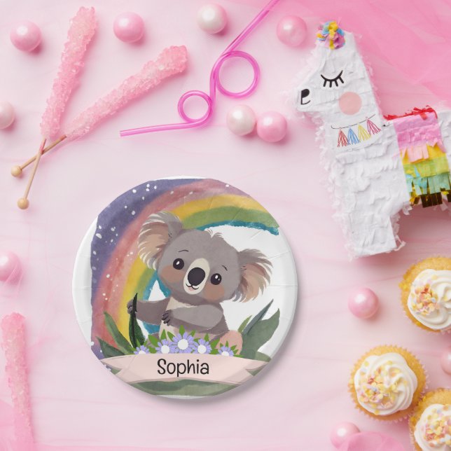 Prato De Papel Cute Baby Koala Rainbow Nome Personalizado (Festa)
