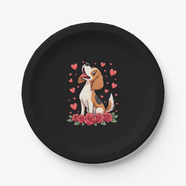 Prato De Papel Cute Beagle with Red Roses Hearts Floral Valentine (Frente)