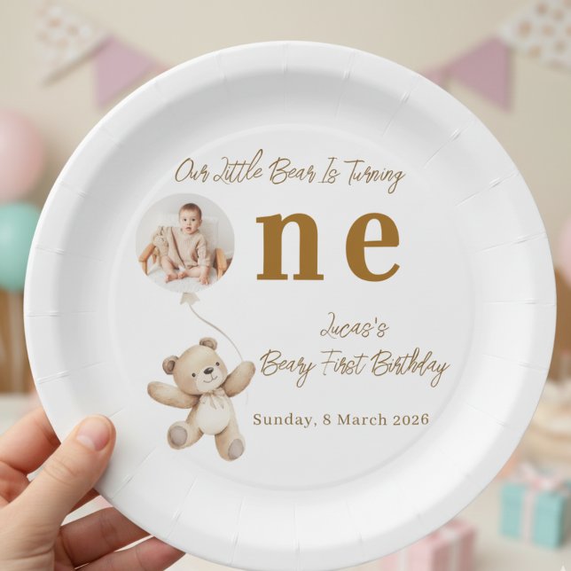 Prato De Papel Cute Bear First Birthday Photo Party Paper Plates (Criador carregado)