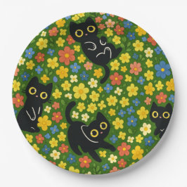 Prato De Papel Cute Black Cats Floral Meadow Pattern