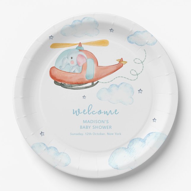 Prato De Papel Cute Blue Elephant Helicopter Baby Shower Welcome  (Frente)