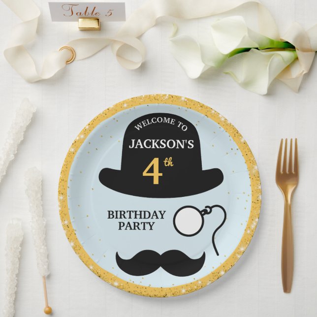 Prato De Papel Cute Bowler Hat and Monocle Any Age Birthday Party (Casamento)
