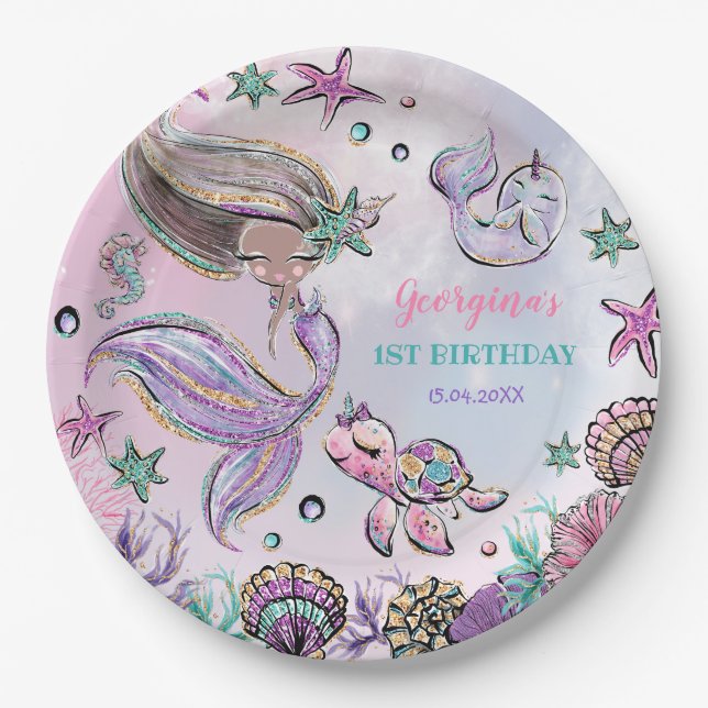 Prato De Papel Cute Brown Skin Mermaid Sea Turtle Narwhat Party (Frente)
