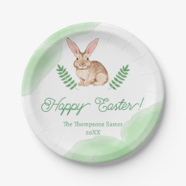 Prato De Papel Cute Brown Watercolor Bunny With Greenery Easter