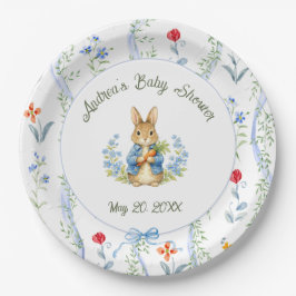 Prato De Papel Cute Bunny Boy Floral Blue Bow Baby Shower 