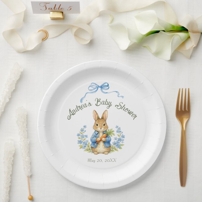 Prato De Papel Cute Bunny Boy Floral Blue Bow Baby Shower  (Casamento)