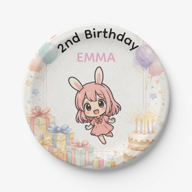 Prato De Papel Cute Bunny Girl Birthday Paper Plates (Frente)