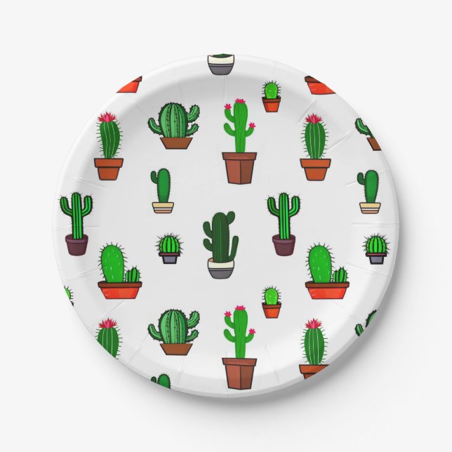 Prato De Papel Cute Cactus illustrations Pattern White (Frente)
