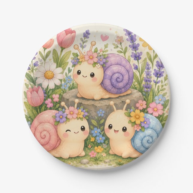 Prato De Papel Cute caracóis kawaii com flores (Frente)