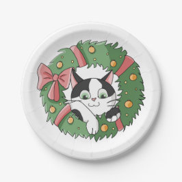 Prato De Papel Cute Cartoon Cat in Christmas Wreath