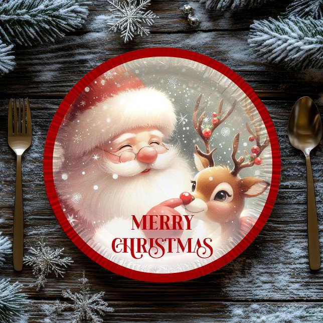Prato De Papel Cute Cartoon Santa Rudolph Christmas Party Plates (Cute Cartoon Santa Rudolph Christmas Party Plates)