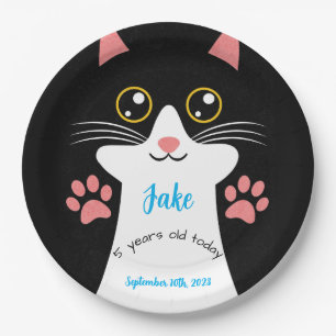 Prato De Papel Cute Cat Birthday Party Plates. Editable text.