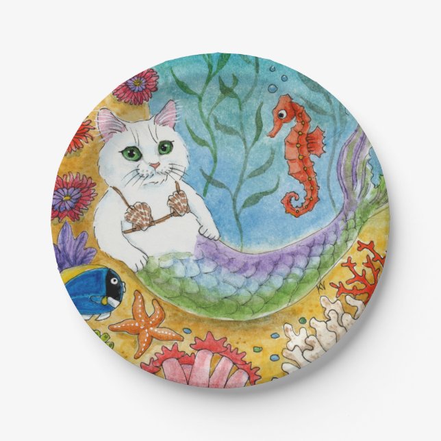 Prato De Papel Cute Cat Mermaid Beach Paper Plate (Frente)