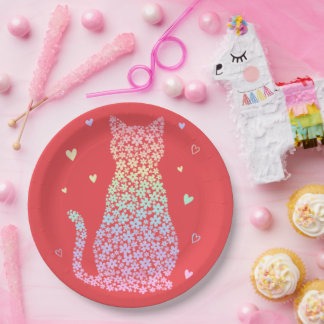 Prato De Papel  cute cat sweet rainbow hearts pastel gradient