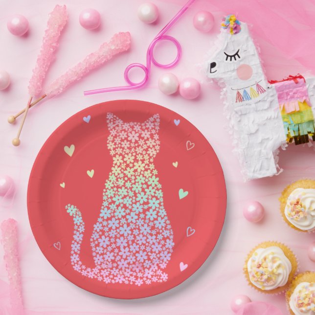 Prato De Papel  cute cat sweet rainbow hearts pastel gradient (Festa)
