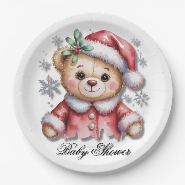 Prato De Papel Cute Christmas Bear and Snowflakes (Frente)
