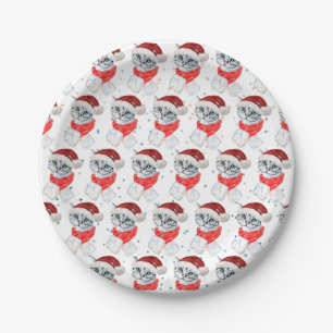 Prato De Papel Cute Christmas Grey Tabby Cat Watercolor