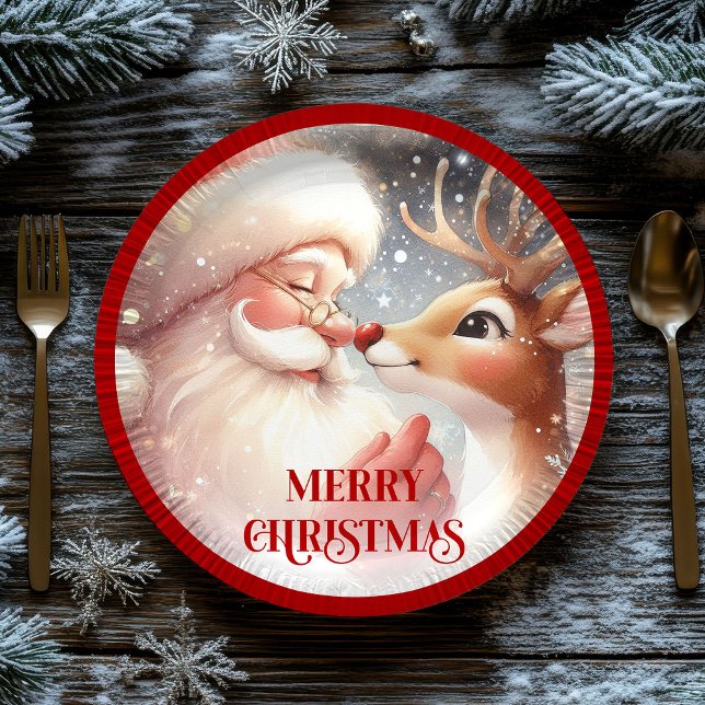 Prato De Papel Cute Christmas Kids Plates with Santa Rudolph (Cute Christmas Kids Plates with Santa Rudolph)