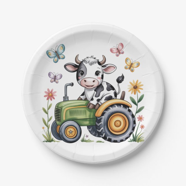 Prato De Papel Cute Cow on Tractor Boy Birthday Party (Frente)