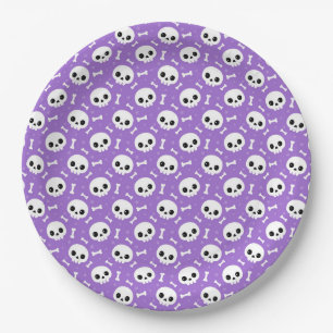 Prato De Papel Cute Crânio Roxo e Ossos Padrão de Halloween