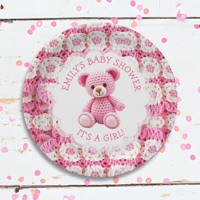 Prato De Papel Cute Crocheted Teddy Bear Girl's Baby Shower (Criador carregado)