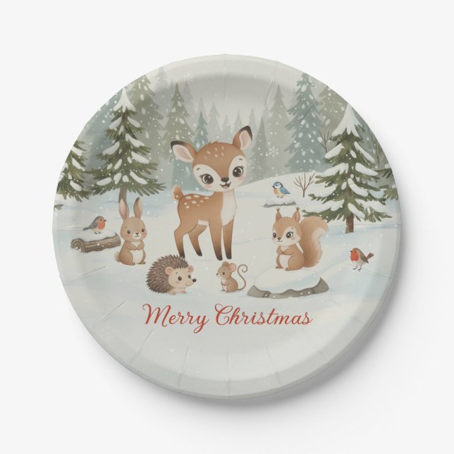 Prato De Papel Cute Deer and Woodland Animals Merry Christmas (Frente)