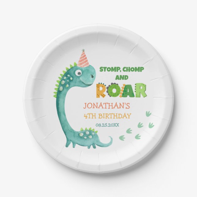 Prato De Papel Cute Dinosaur Stomp Chomp Roar Birthday (Frente)