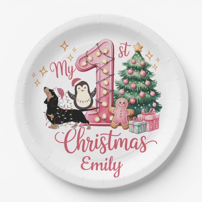 Prato De Papel Cute Dog Peguin My First Christmas (Frente)