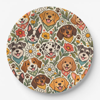 Prato De Papel Cute Dogs and Colorful Floral Pattern