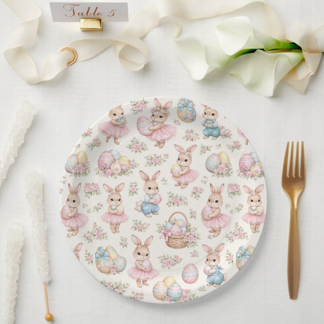 Prato De Papel Cute Easter Bunny Floral Pattern - Pastel Spring (Casamento)
