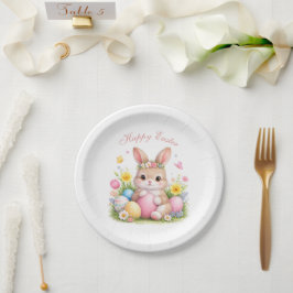 Prato De Papel Cute Easter Bunny Rabbit Pink Blush Peony