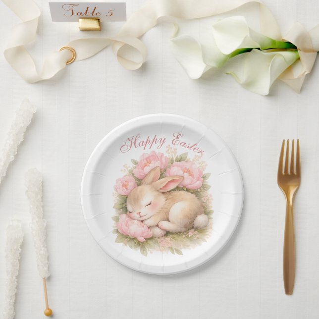 Prato De Papel Cute Easter Bunny Rabbit Pink Blush Peony (Casamento)
