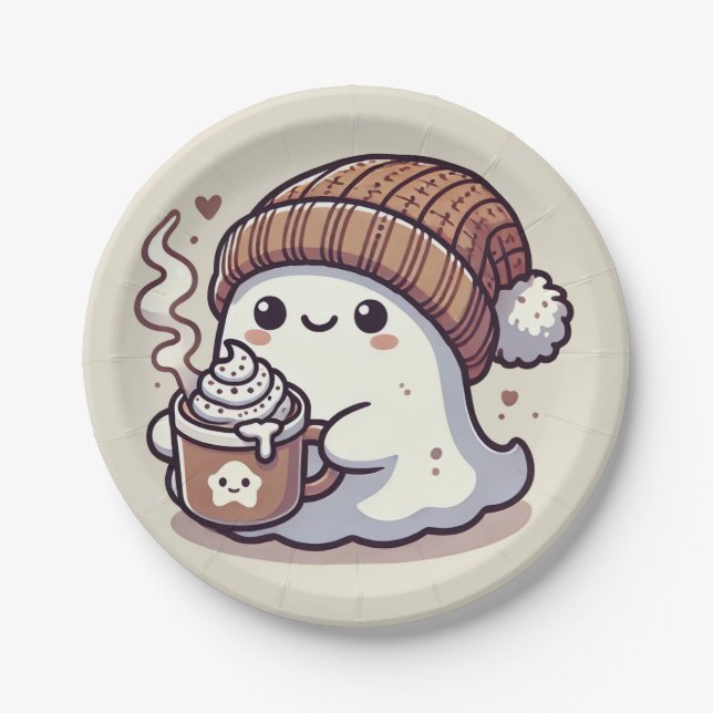 Prato De Papel Cute Fantasma de Halloween com Gorro de Outono e C (Frente)