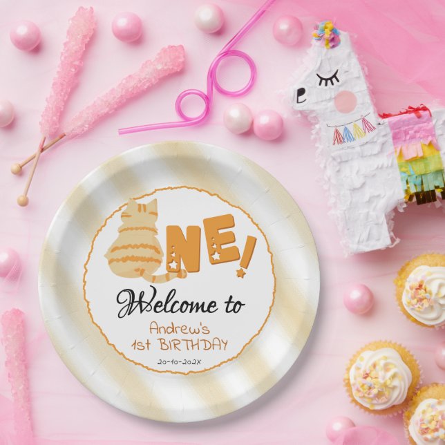 Prato De Papel Cute Fat Orange Cat 1st Birthday (Festa)