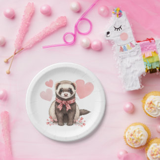 Prato De Papel Cute Ferret Kawaii Pink Hearts Illustration