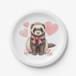 Prato De Papel Cute Ferret Kawaii Pink Hearts Illustration