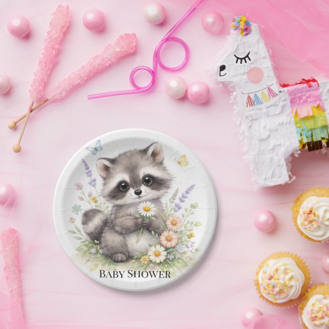 Prato De Papel Cute Forest Baby Raccoon Baby Shower  (Festa)