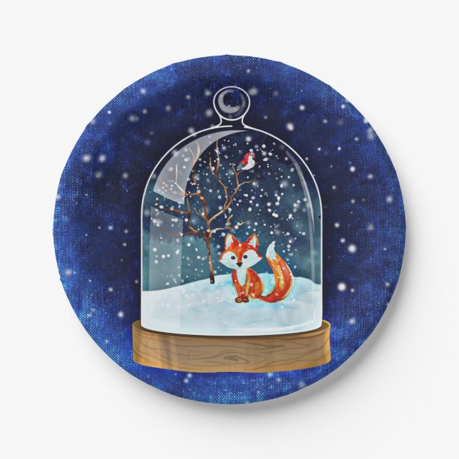 Prato De Papel Cute fox inside a snow globe (Frente)